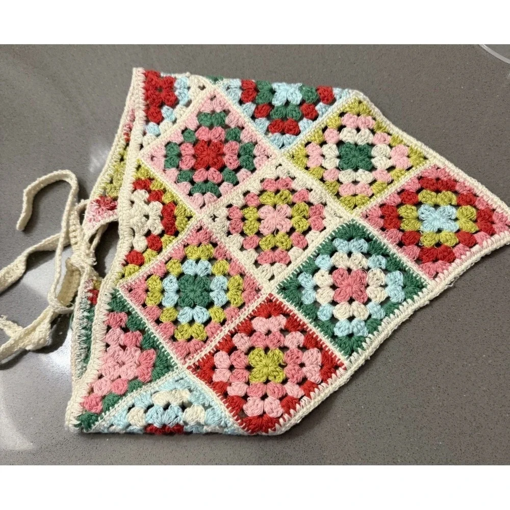 Handmade Crochet Granny Square Bandana Kerchief Scarf Cottagecore Boho Tie Back